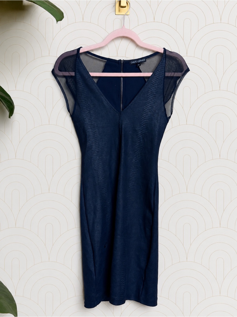 David Lerner Navy Blue Textured Bodycon Cocktail Dress Sheer Mesh V-Neck XS Y2K